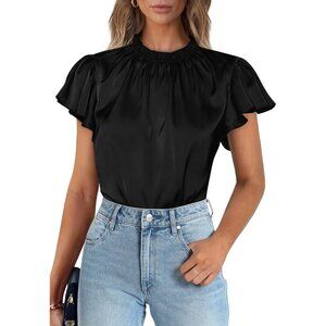Womens Black Summer Polyester Satin Casual Ruffle Short Sleeve Crewneck Tops